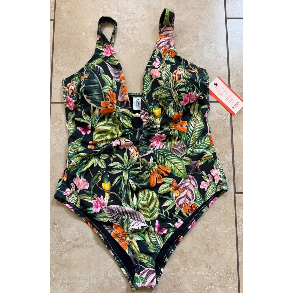 Sofia‎ Vergara One Piece Swimsuit Women XL Black Rain Forest Tropical Jungle NEW